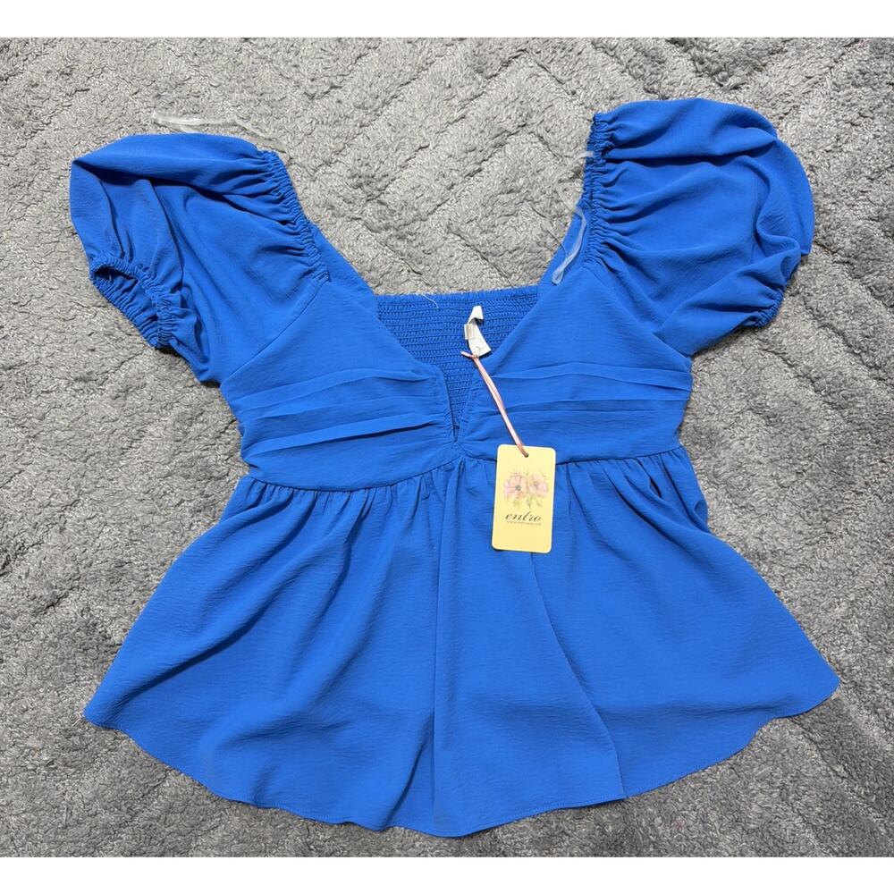 entro Royal Blue Puff-Sleeve Peplum Blouse
